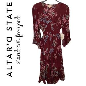 Altar’d State dark floral faux wrap dress with bell sleeves